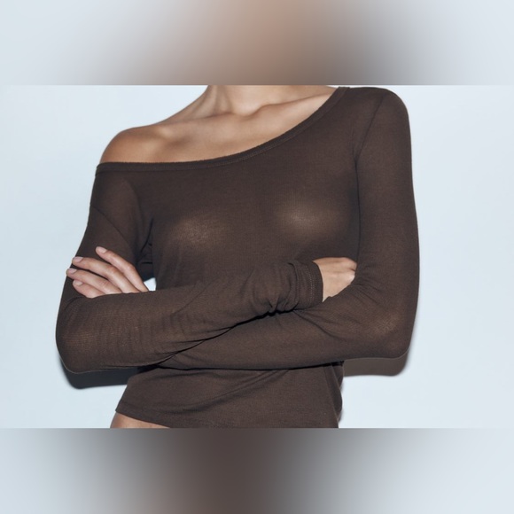 Zara Brown Ribbed Cotton T-Shirt - Picture 3 of 6